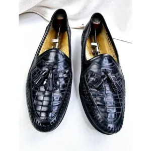 Santoni Size 10.5D Men Slip On Tassel Accent Black Leather Loafers Made In Italy