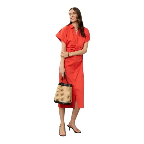 Saunders Collective Ruched Shirt Dress Short Sleeve Button Front Red Size 12