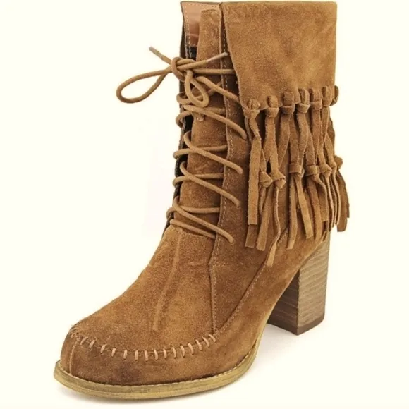 Sbicca Womens Wagon Brown Suede Lace-Up Foldover Fringe Ankle Boots-Size 10 NEW