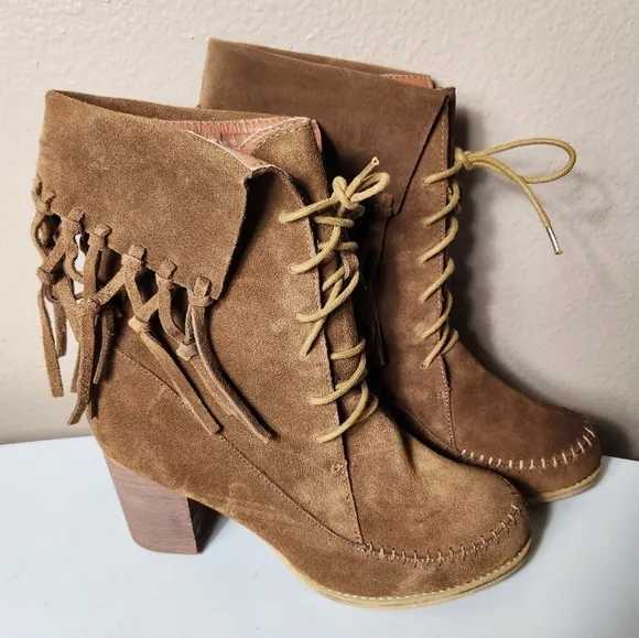 Sbicca Womens Wagon Brown Suede Lace-Up Foldover Fringe Ankle Boots-Size 10 NEW