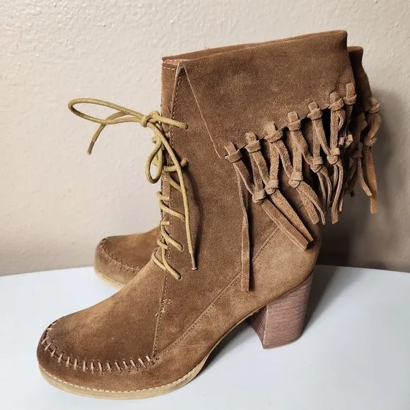 Sbicca Womens Wagon Brown Suede Lace-Up Foldover Fringe Ankle Boots-Size 10 NEW