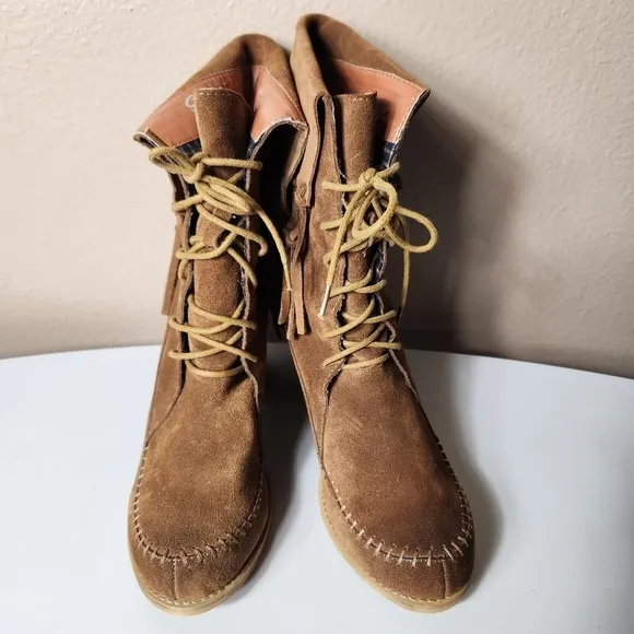 Sbicca Womens Wagon Brown Suede Lace-Up Foldover Fringe Ankle Boots-Size 10 NEW