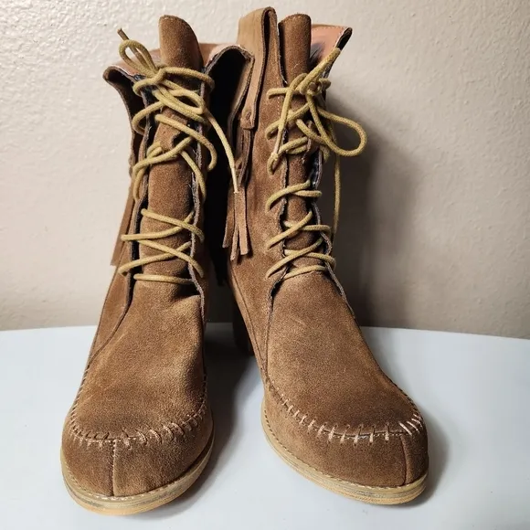 Sbicca Womens Wagon Brown Suede Lace-Up Foldover Fringe Ankle Boots-Size 10 NEW