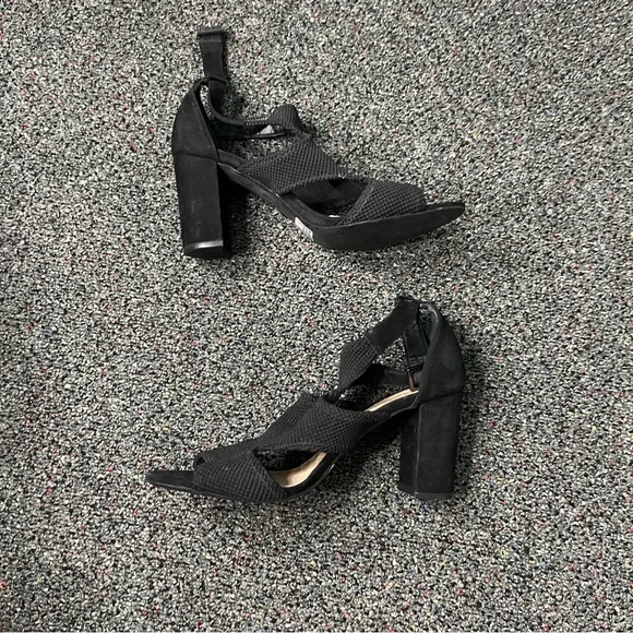 SCHUTZ Black Mesh &amp; Suede Strappy Buckle Block Heel Open-Toe Comfy Shoes Sz 7.5