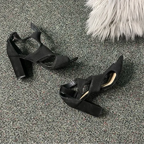 SCHUTZ Black Mesh &amp; Suede Strappy Buckle Block Heel Open-Toe Comfy Shoes Sz 7.5