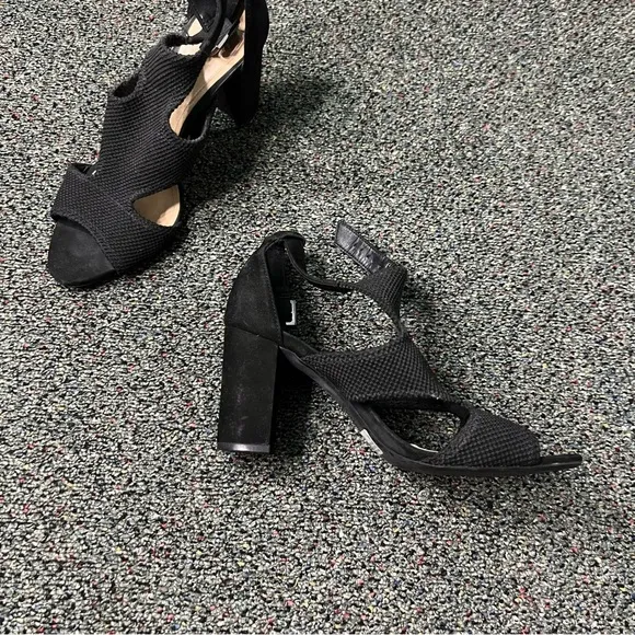 SCHUTZ Black Mesh &amp; Suede Strappy Buckle Block Heel Open-Toe Comfy Shoes Sz 7.5