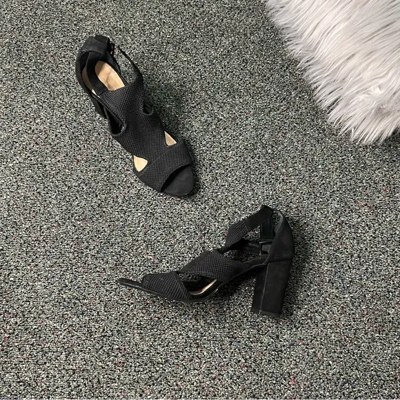 SCHUTZ Black Mesh &amp; Suede Strappy Buckle Block Heel Open-Toe Comfy Shoes Sz 7.5