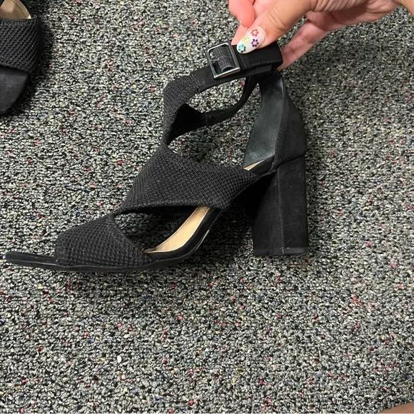 SCHUTZ Black Mesh &amp; Suede Strappy Buckle Block Heel Open-Toe Comfy Shoes Sz 7.5