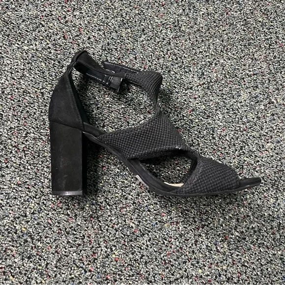 SCHUTZ Black Mesh &amp; Suede Strappy Buckle Block Heel Open-Toe Comfy Shoes Sz 7.5
