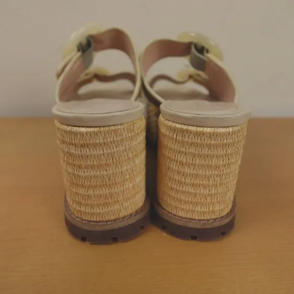 Schutz Sandals Beige Tan Raffia Woven Platform Wedge Bela