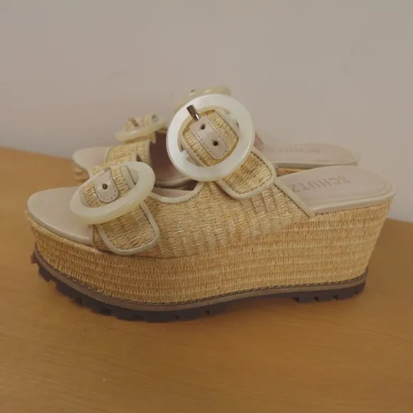 Schutz Sandals Beige Tan Raffia Woven Platform Wedge Bela