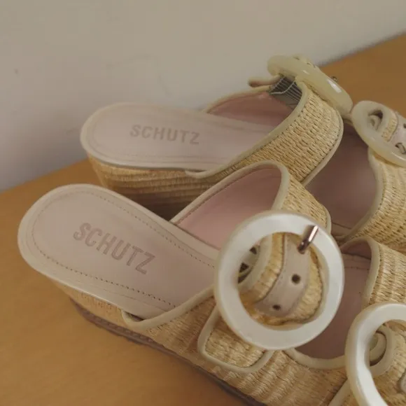 Schutz Sandals Beige Tan Raffia Woven Platform Wedge Bela