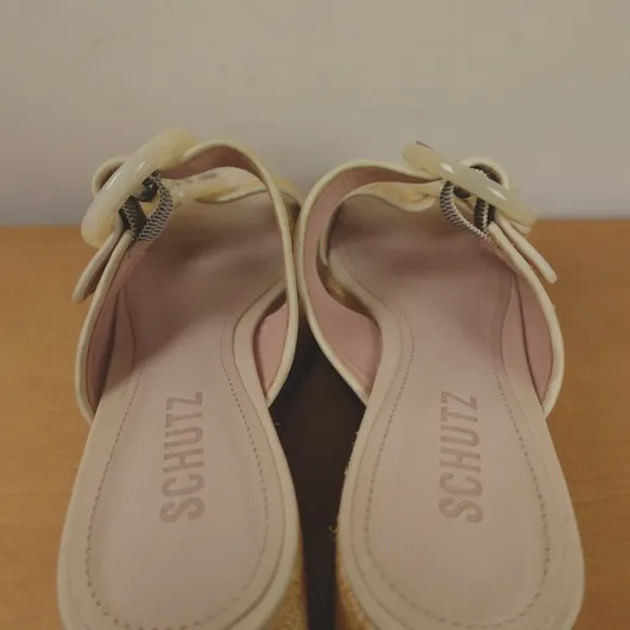 Schutz Sandals Beige Tan Raffia Woven Platform Wedge Bela