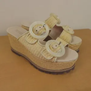 Schutz Sandals Beige Tan Raffia Woven Platform Wedge Bela