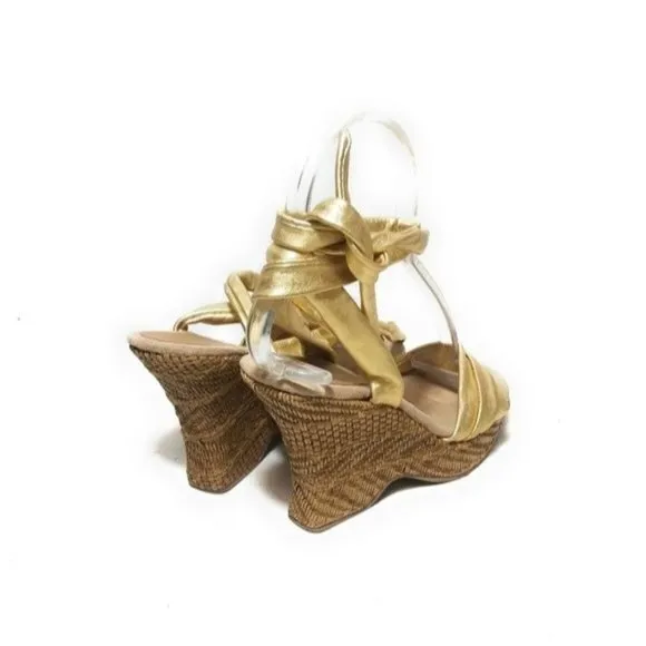Seychelles Flamenco Lace Up Metallic Gold Wedge Cork Sandals Ankle Tie Size 6