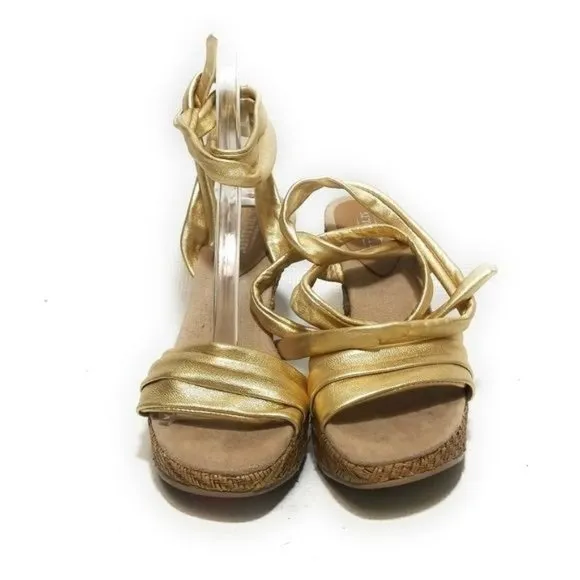 Seychelles Flamenco Lace Up Metallic Gold Wedge Cork Sandals Ankle Tie Size 6