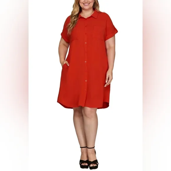 She   Sky Full Size Button Down Short Sleeve Woven Shirt Dress Plus Size