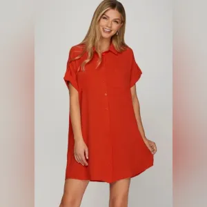 She   Sky Full Size Button Down Short Sleeve Woven Shirt Dress Plus Size