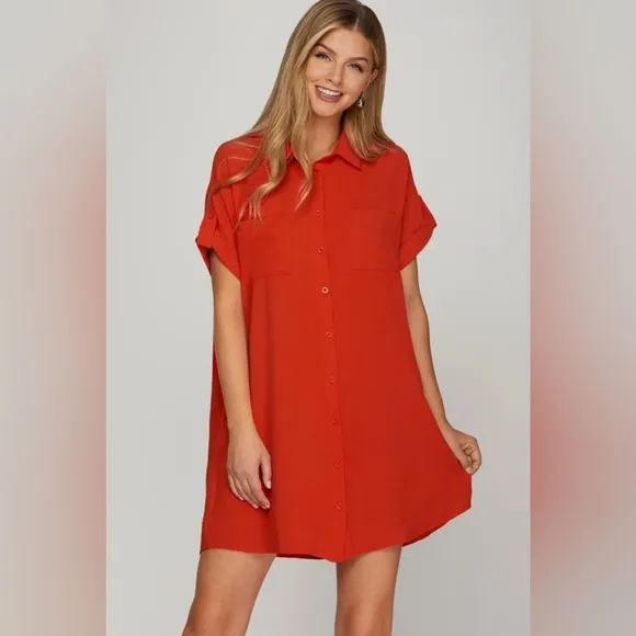 She   Sky Full Size Button Down Short Sleeve Woven Shirt Dress Plus Size