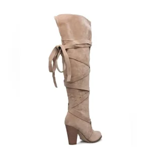 Shoe Dazzle Tan Over the Knee Boots with Chunky Heel and Wraparound Lacing
