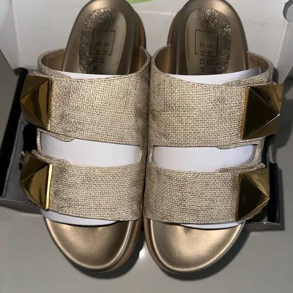ShuShop Bernarda Pyramid Gold Woven Women’s Slide Sandals