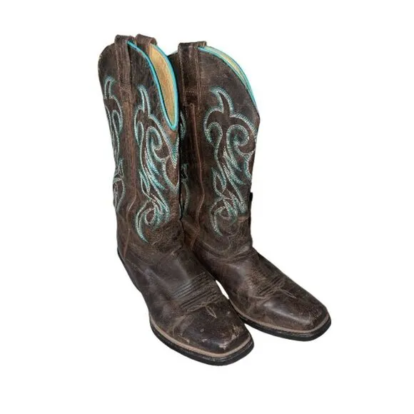 Shyanne Western Wedding Cowboy Leather Boots Classic Heeled Dark Brown Teal Trim