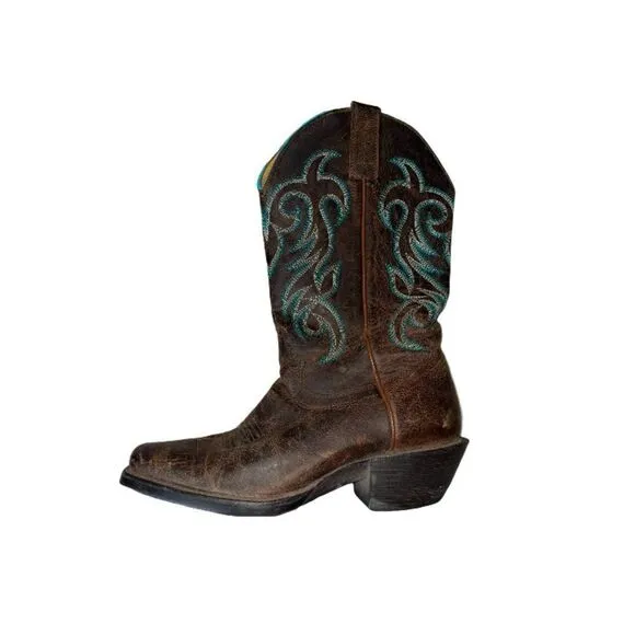 Shyanne Western Wedding Cowboy Leather Boots Classic Heeled Dark Brown Teal Trim