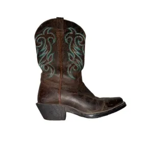 Shyanne Western Wedding Cowboy Leather Boots Classic Heeled Dark Brown Teal Trim