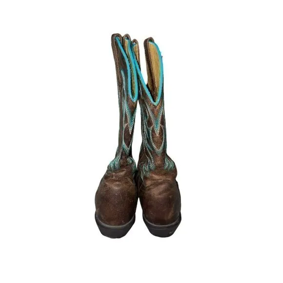Shyanne Western Wedding Cowboy Leather Boots Classic Heeled Dark Brown Teal Trim