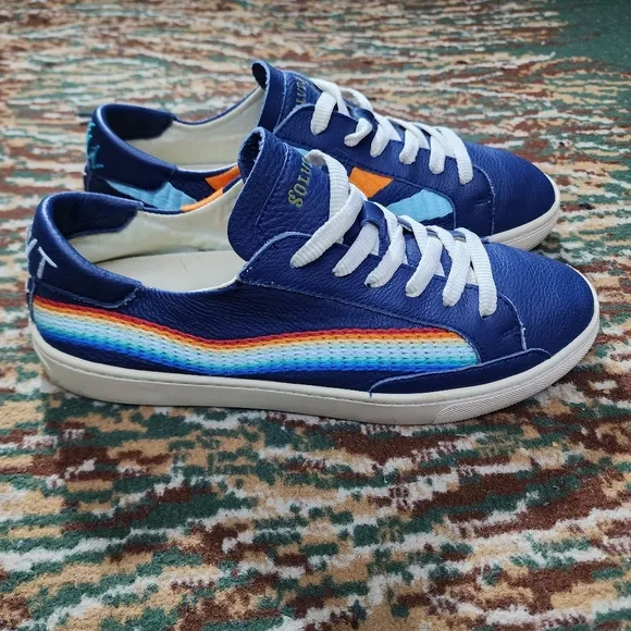 Soludos Womens Shoes Blue Leather Rainbow Wave  Chill Out Sneakers 10