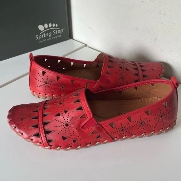 Spring Step Fusaro Red Cut Out Leather Flat Slip On Loafer