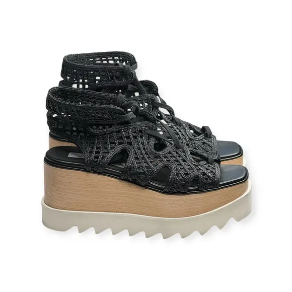Stella McCartney 𒀭 Luxe Elyse Lace Up Woven Platform Sandals 𒀭Black 𒀭 36 6M 𒀭
