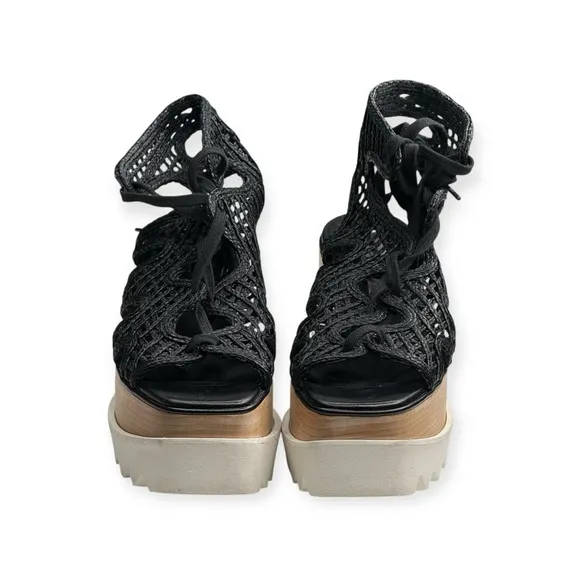 Stella McCartney 𒀭 Luxe Elyse Lace Up Woven Platform Sandals 𒀭Black 𒀭 36 6M 𒀭