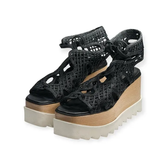Stella McCartney 𒀭 Luxe Elyse Lace Up Woven Platform Sandals 𒀭Black 𒀭 36 6M 𒀭