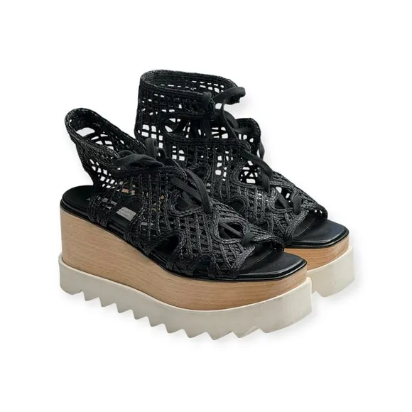 Stella McCartney 𒀭 Luxe Elyse Lace Up Woven Platform Sandals 𒀭Black 𒀭 36 6M 𒀭