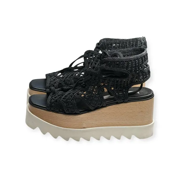Stella McCartney 𒀭 Luxe Elyse Lace Up Woven Platform Sandals 𒀭Black 𒀭 36 6M 𒀭