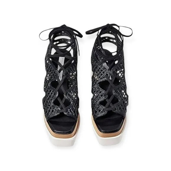 Stella McCartney 𒀭 Luxe Elyse Lace Up Woven Platform Sandals 𒀭Black 𒀭 36 6M 𒀭