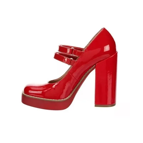 Steve Madden Twice Red Patent Leather Mary Jane Platform Block Heel Shoes