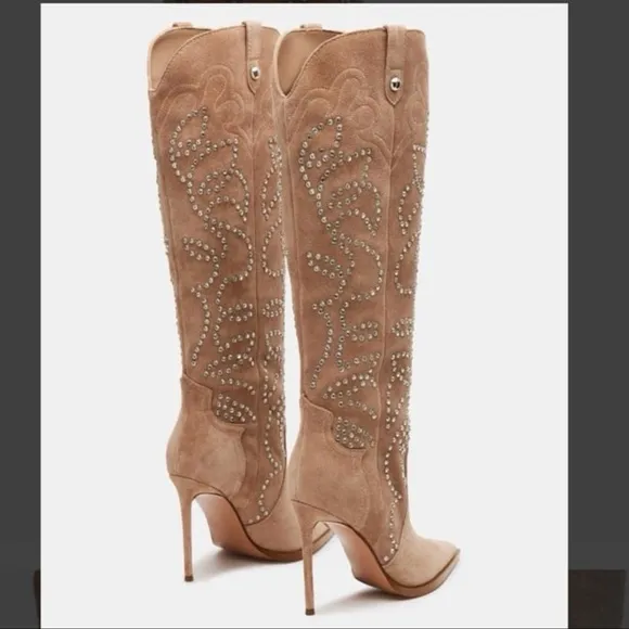 Steve Madden Tyrant Elegant Studded Taupe Suede Knee-High Women's Cowboy Boots