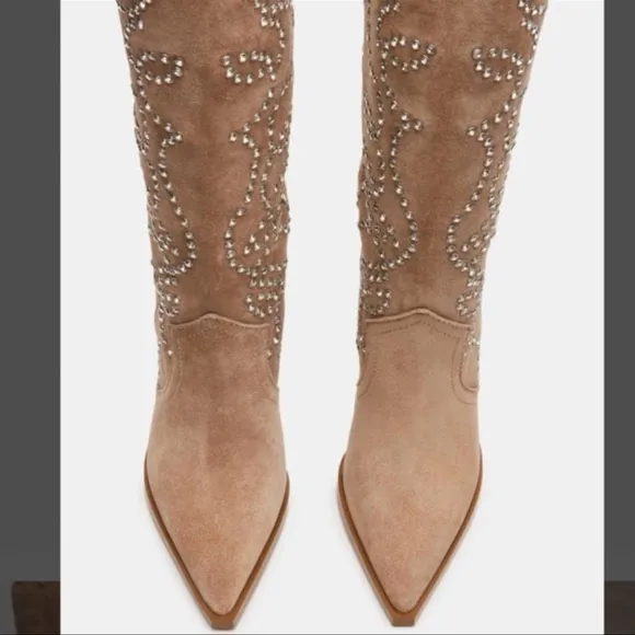 Steve Madden Tyrant Elegant Studded Taupe Suede Knee-High Women's Cowboy Boots