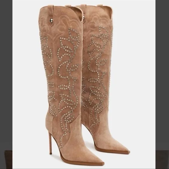 Steve Madden Tyrant Elegant Studded Taupe Suede Knee-High Women's Cowboy Boots