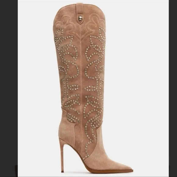 Steve Madden Tyrant Elegant Studded Taupe Suede Knee-High Women's Cowboy Boots