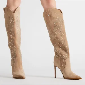 Steve Madden Tyrant Elegant Studded Taupe Suede Knee-High Women's Cowboy Boots