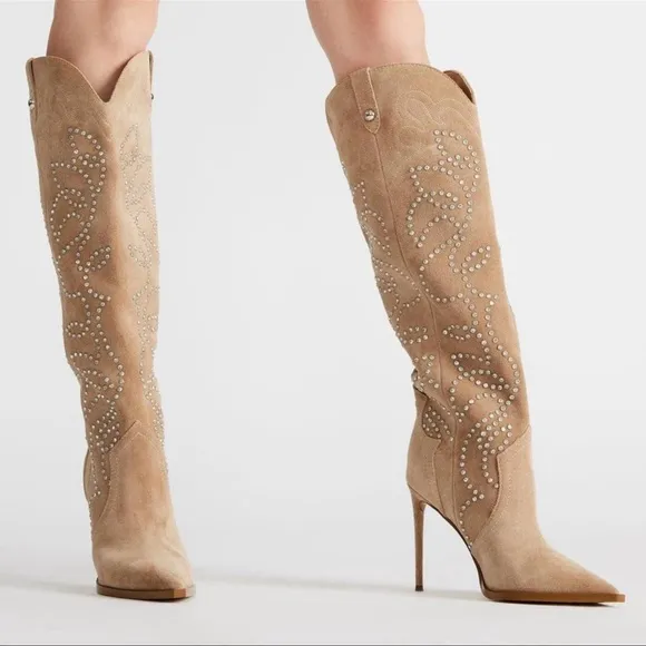 Steve Madden Tyrant Elegant Studded Taupe Suede Knee-High Women's Cowboy Boots