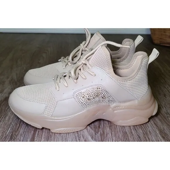 Steve Madden Vance Women's Rhinestone Trainer Beige Sneakers Size 8M Shoes