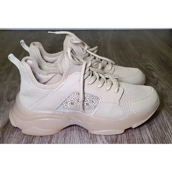 Steve Madden Vance Women's Rhinestone Trainer Beige Sneakers Size 8M Shoes