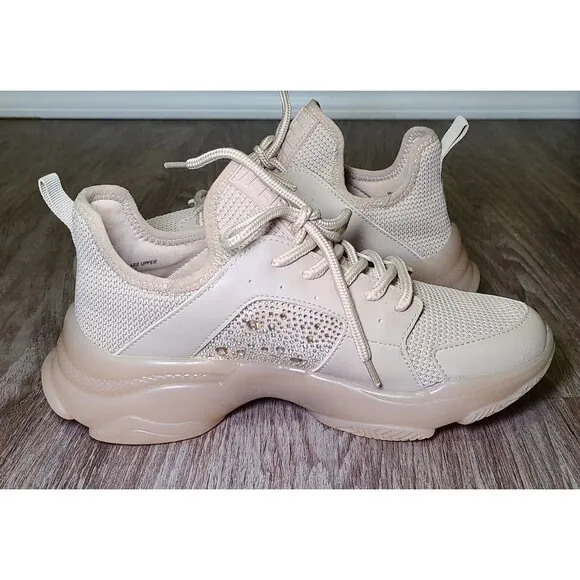 Steve Madden Vance Women's Rhinestone Trainer Beige Sneakers Size 8M Shoes