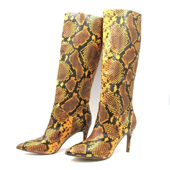 Steve Madden Kinga Yellow Snake Pointed-Toe Knee High Boots SZ 7