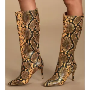 Steve Madden Kinga Yellow Snake Pointed-Toe Knee High Boots SZ 7