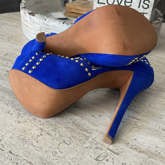 STEVEN Steve Madden ASTRRO Blue Gold Studded Leather Suede Stiletto heel Sz 8.5